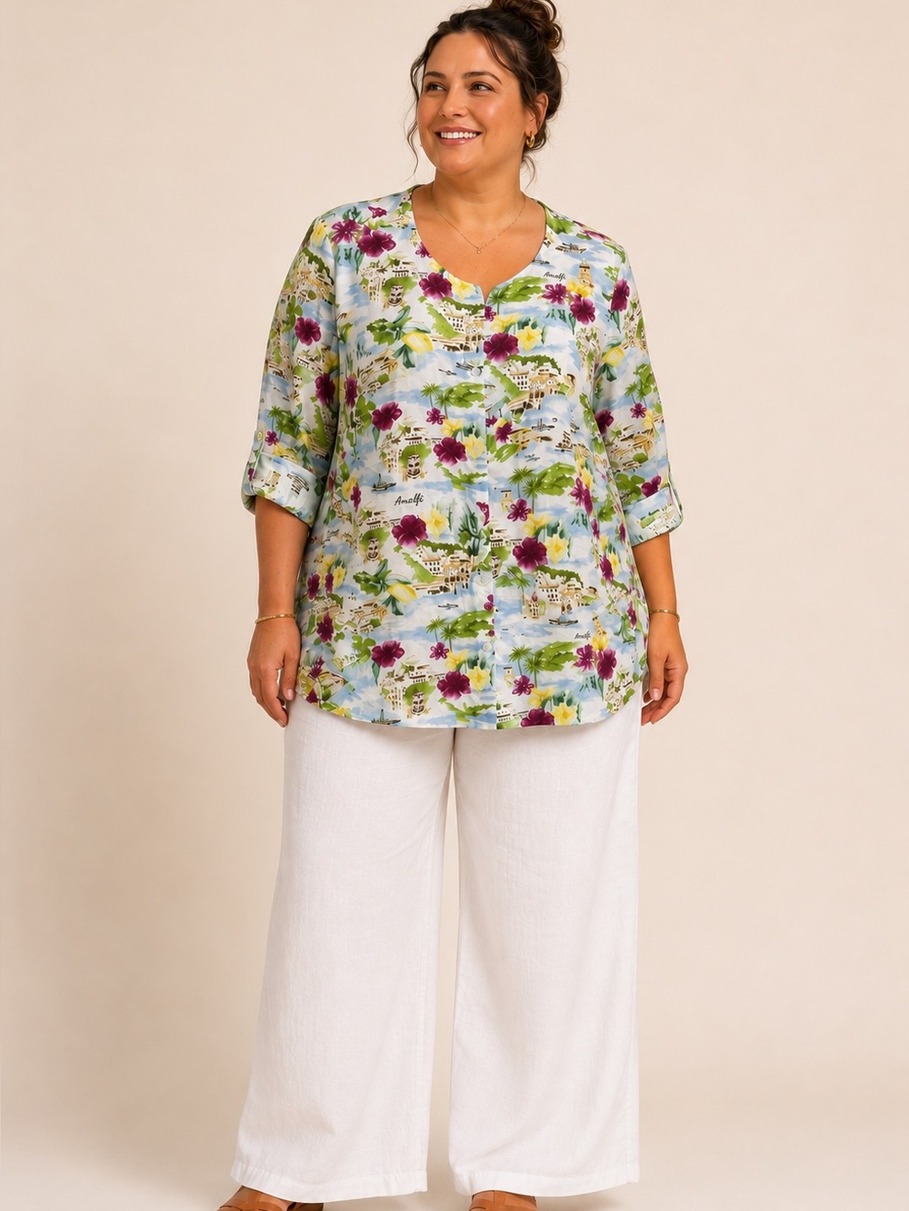 Amalfi Printed Button-Down Linen Shirt in White with Purple & Green 3X